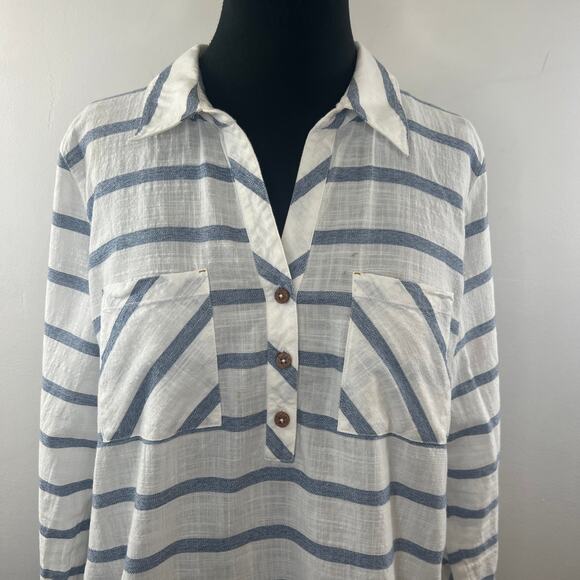 Soft Surrounding White Blue Top Cotton Striped Collared Half Placket Size XL - Picture 3 of 9